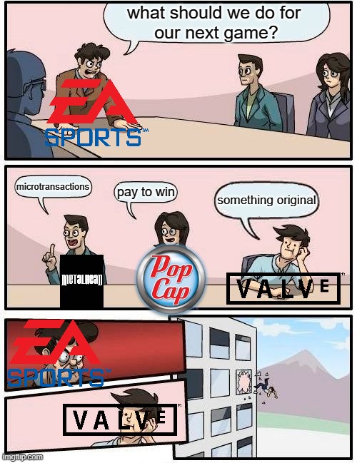 Boardroom Meeting Suggestion | what should we do for 
our next game? microtransactions; pay to win; something original | image tagged in memes,boardroom meeting suggestion | made w/ Imgflip meme maker