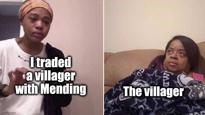 "Give me Mending or the game is ending" | I traded a villager with Mending; The villager | image tagged in me explaining to my mom,memes,funny,minecraft | made w/ Imgflip meme maker