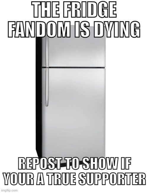 Fridge | THE FRIDGE FANDOM IS DYING; REPOST TO SHOW IF YOUR A TRUE SUPPORTER | image tagged in fridge | made w/ Imgflip meme maker