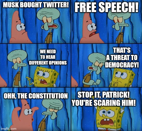 Stop it, Patrick! You're Scaring Him! | MUSK BOUGHT TWITTER! FREE SPEECH! THAT'S A THREAT TO DEMOCRACY! WE NEED TO HEAR DIFFERENT OPINIONS; OHH, THE CONSTITUTION; STOP IT, PATRICK! YOU'RE SCARING HIM! | image tagged in stop it patrick you're scaring him | made w/ Imgflip meme maker