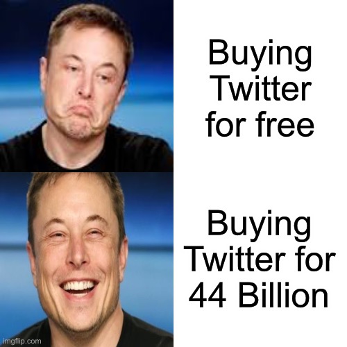 Rich people: | Buying Twitter for free; Buying Twitter for 44 Billion | image tagged in memes,drake hotline bling,elon musk,twitter,barney will eat all of your delectable biscuits | made w/ Imgflip meme maker