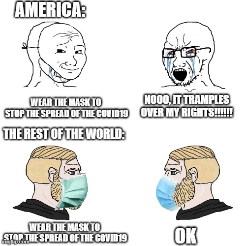xD | AMERICA:; NOOO, IT TRAMPLES OVER MY RIGHTS!!!!!! WEAR THE MASK TO 
STOP THE SPREAD OF THE COVID19; THE REST OF THE WORLD:; WEAR THE MASK TO 
STOP THE SPREAD OF THE COVID19; OK | image tagged in crying wojak / i know chad meme | made w/ Imgflip meme maker
