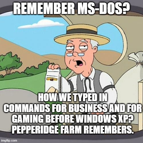 Pepperidge Farm Remembers |  REMEMBER MS-DOS? HOW WE TYPED IN COMMANDS FOR BUSINESS AND FOR GAMING BEFORE WINDOWS XP?
PEPPERIDGE FARM REMEMBERS. | image tagged in memes,pepperidge farm remembers,windows xp,windows 95,technology,computer guy facepalm | made w/ Imgflip meme maker