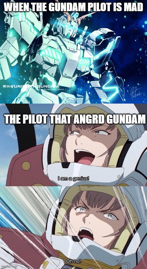 WHEN THE GUNDAM PILOT IS MAD; THE PILOT THAT ANGRD GUNDAM | image tagged in mobile suit gundam perfectibiltity,i am a genius oh no | made w/ Imgflip meme maker
