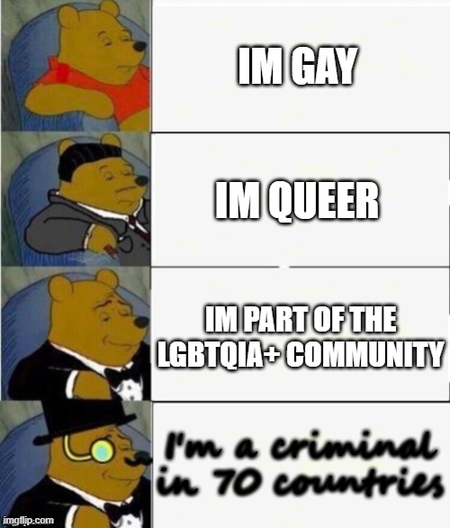 Tuxedo Winnie the Pooh 4 panel | IM GAY; IM QUEER; IM PART OF THE LGBTQIA+ COMMUNITY; I'm a criminal in 70 countries | image tagged in tuxedo winnie the pooh 4 panel | made w/ Imgflip meme maker