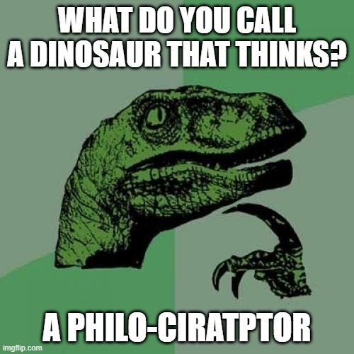 Dad joke dinosaur | WHAT DO YOU CALL A DINOSAUR THAT THINKS? A PHILO-CIRATPTOR | image tagged in memes,philosoraptor,dad joke,meme,funny,funny memes | made w/ Imgflip meme maker