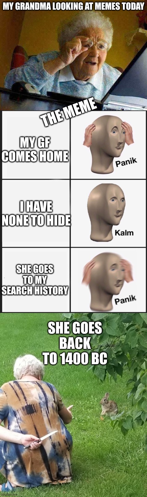 MY GRANDMA LOOKING AT MEMES TODAY; THE MEME; MY GF COMES HOME; I HAVE NONE TO HIDE; SHE GOES TO MY SEARCH HISTORY; SHE GOES BACK TO 1400 BC | image tagged in memes,grandma finds the internet,panik kalm panik,grandma hiding knife rabbit | made w/ Imgflip meme maker
