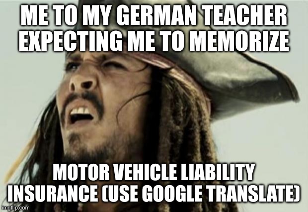 German | ME TO MY GERMAN TEACHER EXPECTING ME TO MEMORIZE; MOTOR VEHICLE LIABILITY INSURANCE (USE GOOGLE TRANSLATE) | image tagged in confused dafuq jack sparrow what | made w/ Imgflip meme maker