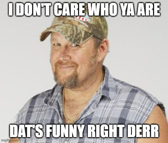 Larry The Cable Guy Meme | I DON'T CARE WHO YA ARE DAT'S FUNNY RIGHT DERR | image tagged in memes,larry the cable guy | made w/ Imgflip meme maker