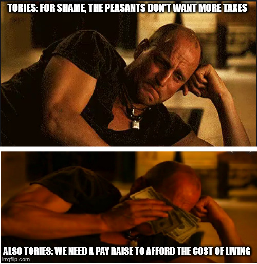 wiping tears with money | TORIES: FOR SHAME, THE PEASANTS DON'T WANT MORE TAXES; ALSO TORIES: WE NEED A PAY RAISE TO AFFORD THE COST OF LIVING | image tagged in wiping tears with money | made w/ Imgflip meme maker