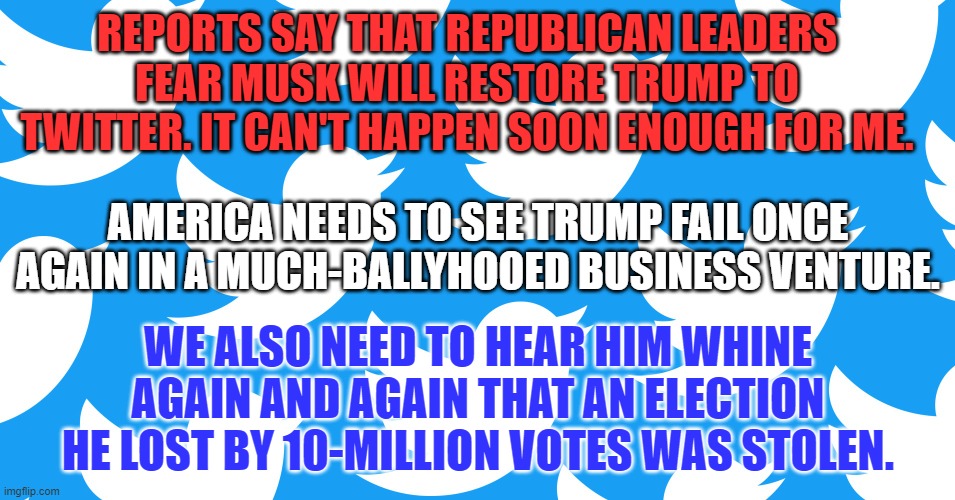 The GOP doesn't want to be associated more so with this failed leader. | REPORTS SAY THAT REPUBLICAN LEADERS FEAR MUSK WILL RESTORE TRUMP TO TWITTER. IT CAN'T HAPPEN SOON ENOUGH FOR ME. AMERICA NEEDS TO SEE TRUMP FAIL ONCE AGAIN IN A MUCH-BALLYHOOED BUSINESS VENTURE. WE ALSO NEED TO HEAR HIM WHINE AGAIN AND AGAIN THAT AN ELECTION HE LOST BY 10-MILLION VOTES WAS STOLEN. | image tagged in politics | made w/ Imgflip meme maker