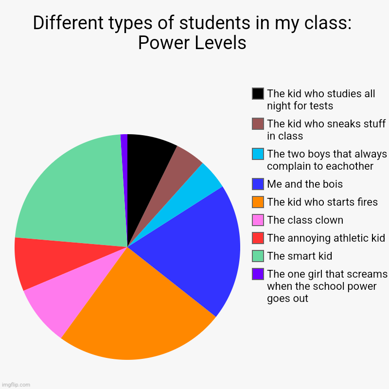 Should I add more? ? | Different types of students in my class: Power Levels | The one girl that screams when the school power goes out, The smart kid, The annoyin | image tagged in charts,pie charts | made w/ Imgflip chart maker