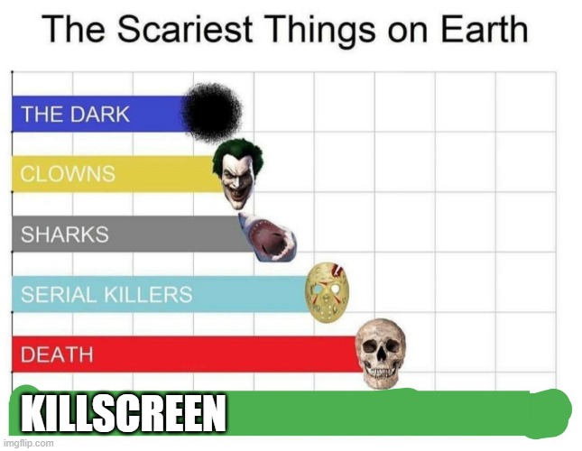 killscreen is the most scary thing for kids | KILLSCREEN | image tagged in scariest things on earth,is,kill,screens | made w/ Imgflip meme maker