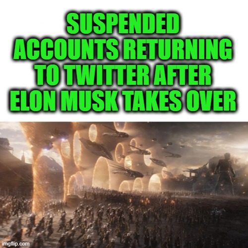 Free speech at last | SUSPENDED ACCOUNTS RETURNING TO TWITTER AFTER ELON MUSK TAKES OVER | image tagged in avengers portal,trump,twitter,elon musk,free speech,social media | made w/ Imgflip meme maker