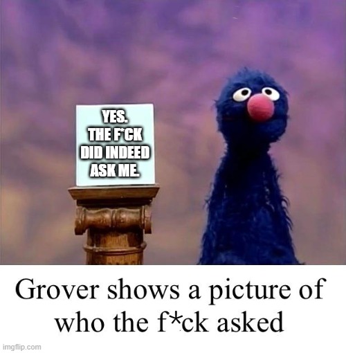 Grover: Who Asked | YES. THE F*CK DID INDEED ASK ME. * | image tagged in grover who asked | made w/ Imgflip meme maker