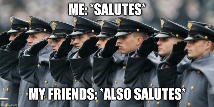 Military Salute | ME: *SALUTES* MY FRIENDS: *ALSO SALUTES* | image tagged in military salute | made w/ Imgflip meme maker