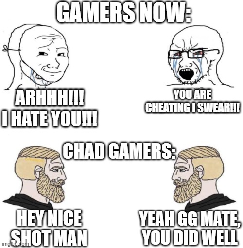 For real yall, just be chill XD | GAMERS NOW:; ARHHH!!! I HATE YOU!!! YOU ARE CHEATING I SWEAR!!! CHAD GAMERS:; YEAH GG MATE, YOU DID WELL; HEY NICE SHOT MAN | image tagged in chad we know | made w/ Imgflip meme maker