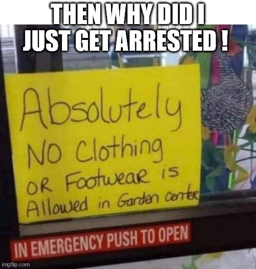 THEN WHY DID I JUST GET ARRESTED ! | image tagged in nude in store | made w/ Imgflip meme maker