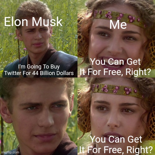 I Mean The App Is Free But 40 Billion.. JEEZ | Elon Musk; Me; I'm Going To Buy Twitter For 44 Billion Dollars; You Can Get It For Free, Right? You Can Get It For Free, Right? | image tagged in anakin padme 4 panel | made w/ Imgflip meme maker