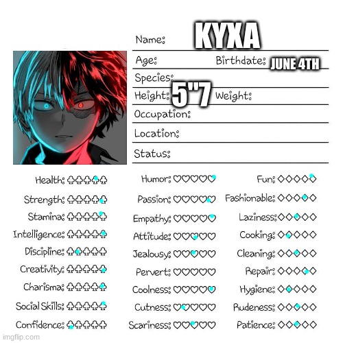 I didn't do this someone else did they're being WAY too nice but the confidence thing is kinda right... | KYXA; JUNE 4TH; 5"7 | image tagged in profile card | made w/ Imgflip meme maker