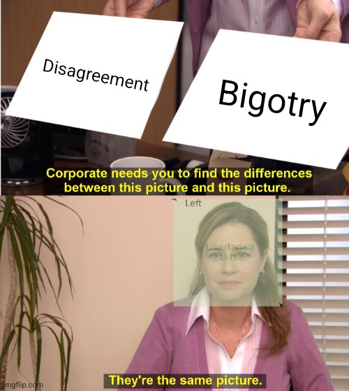 Lib-left can't tell the difference | Disagreement; Bigotry | image tagged in memes,they're the same picture,political compass,sjws,cancel culture,liberal logic | made w/ Imgflip meme maker
