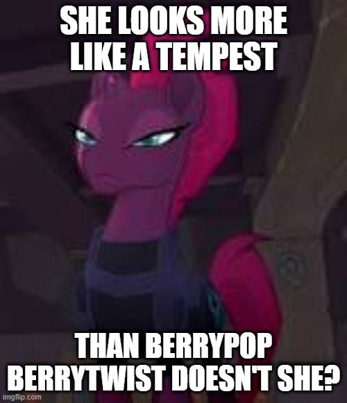 SHE LOOKS MORE LIKE A TEMPEST; THAN BERRYPOP BERRYTWIST DOESN'T SHE? | image tagged in mlp,my little pony,funny,meme | made w/ Imgflip meme maker