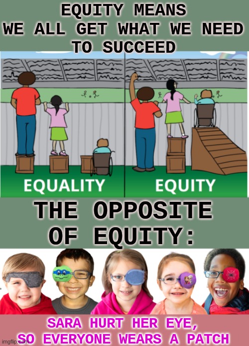 Equity: What it is, what it isn't, and why we need it in our schools (it's not CRT) | EQUITY MEANS
WE ALL GET WHAT WE NEED
TO SUCCEED; THE OPPOSITE OF EQUITY:; SARA HURT HER EYE,
SO EVERYONE WEARS A PATCH | image tagged in equity,education,politics,schools | made w/ Imgflip meme maker
