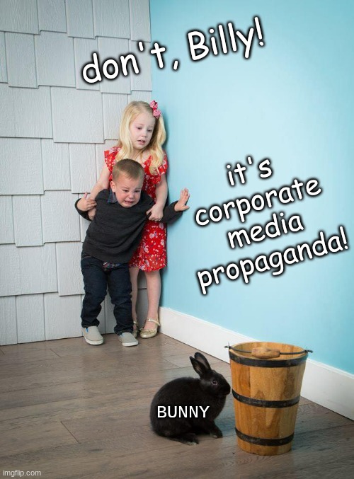 Kids Afraid of Rabbit | don't, Billy! it's corporate media propaganda! BUNNY | image tagged in kids afraid of rabbit | made w/ Imgflip meme maker