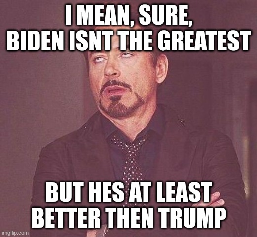 Tony Stark | I MEAN, SURE, BIDEN ISNT THE GREATEST BUT HES AT LEAST BETTER THEN TRUMP | image tagged in tony stark | made w/ Imgflip meme maker