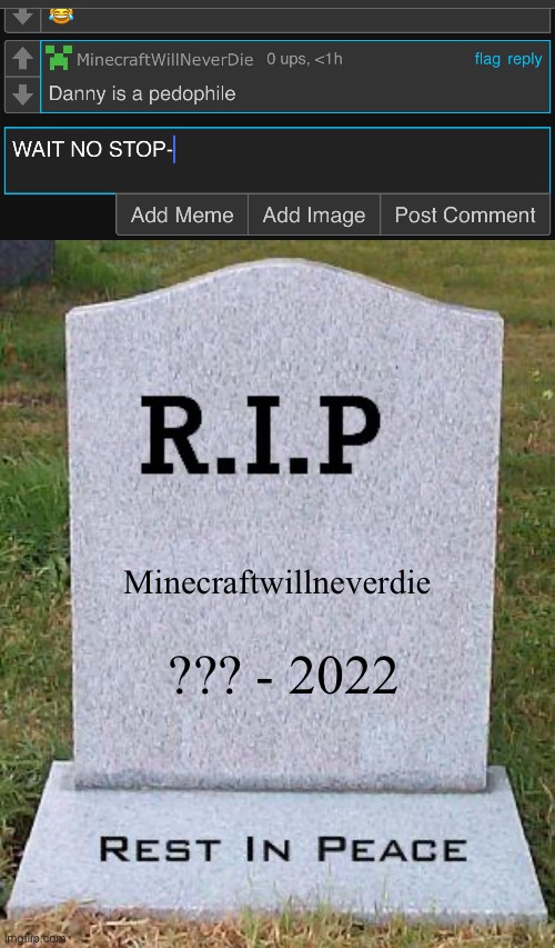 Minecraftwillneverdie; ??? - 2022 | image tagged in rip headstone,memes | made w/ Imgflip meme maker