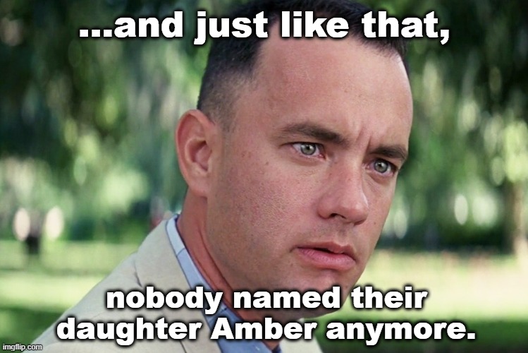 ....and the world keeps on spinning |  ...and just like that, nobody named their
daughter Amber anymore. | image tagged in and just like that,funny,memes,amber heard,johnny depp,divorce | made w/ Imgflip meme maker