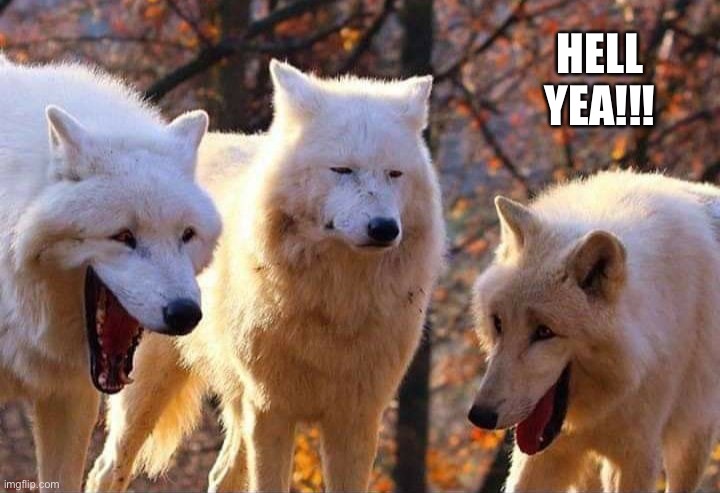 Laughing wolf | HELL YEA!!! | image tagged in laughing wolf | made w/ Imgflip meme maker