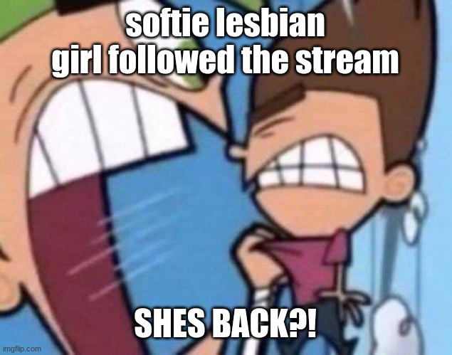 Cosmo yelling at timmy | softie lesbian girl followed the stream SHES BACK?! | image tagged in cosmo yelling at timmy | made w/ Imgflip meme maker