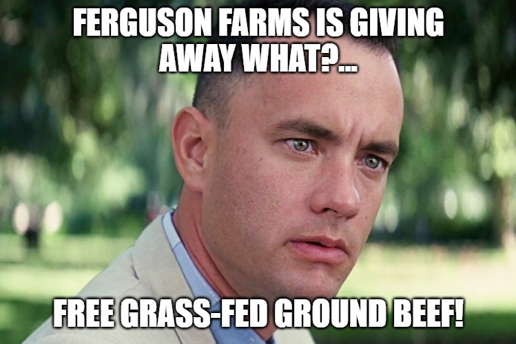 And Just Like That Meme | FERGUSON FARMS IS GIVING
AWAY WHAT?... FREE GRASS-FED GROUND BEEF! | image tagged in memes,and just like that | made w/ Imgflip meme maker