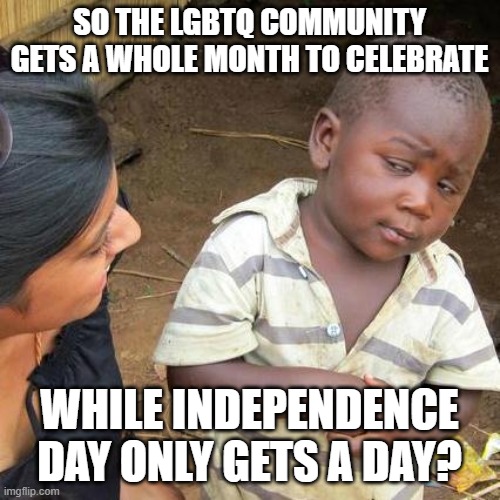 Third World Skeptical Kid Meme | SO THE LGBTQ COMMUNITY GETS A WHOLE MONTH TO CELEBRATE; WHILE INDEPENDENCE DAY ONLY GETS A DAY? | image tagged in memes,third world skeptical kid | made w/ Imgflip meme maker