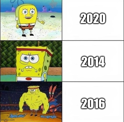 Spongebob getting strong | 2020; 2014; 2016 | image tagged in spongebob getting strong | made w/ Imgflip meme maker