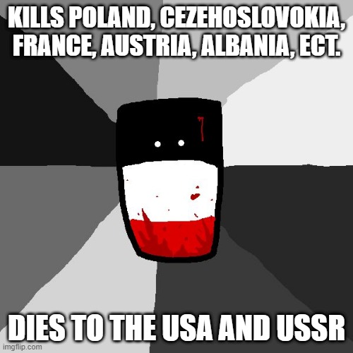 Insanity Reichtangle | KILLS POLAND, CEZEHOSLOVOKIA, FRANCE, AUSTRIA, ALBANIA, ECT. DIES TO THE USA AND USSR | image tagged in insanity reichtangle | made w/ Imgflip meme maker