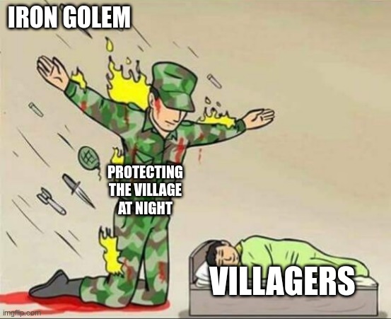 Soldier protecting sleeping child | IRON GOLEM; PROTECTING THE VILLAGE AT NIGHT; VILLAGERS | image tagged in soldier protecting sleeping child | made w/ Imgflip meme maker