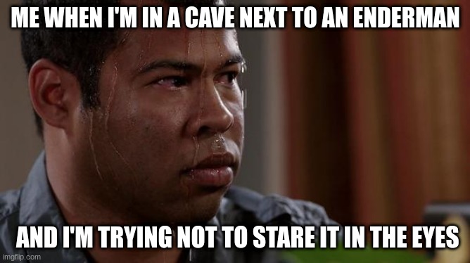 sweating bullets | ME WHEN I'M IN A CAVE NEXT TO AN ENDERMAN; AND I'M TRYING NOT TO STARE IT IN THE EYES | image tagged in sweating bullets | made w/ Imgflip meme maker