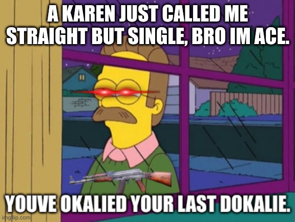 youve okalied your last dokalie. | A KAREN JUST CALLED ME STRAIGHT BUT SINGLE, BRO IM ACE. | image tagged in youve okalied your last dokalie | made w/ Imgflip meme maker