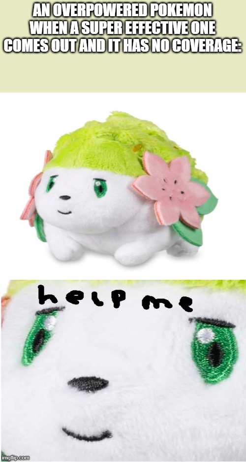 oh noioh | AN OVERPOWERED POKEMON WHEN A SUPER EFFECTIVE ONE COMES OUT AND IT HAS NO COVERAGE: | image tagged in help me shaymin sitting cutie | made w/ Imgflip meme maker