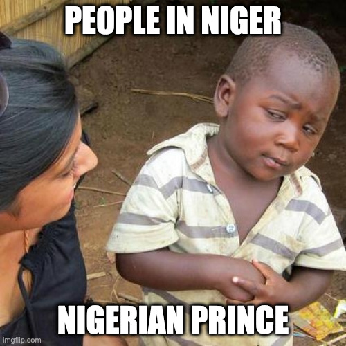 Third World Skeptical Kid Meme | PEOPLE IN NIGER; NIGERIAN PRINCE | image tagged in memes,third world skeptical kid | made w/ Imgflip meme maker