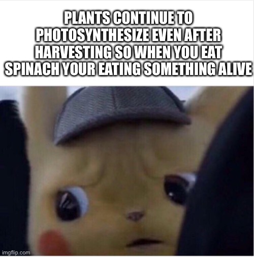 Guess we should live off water to stop being cruel |  PLANTS CONTINUE TO PHOTOSYNTHESIZE EVEN AFTER HARVESTING SO WHEN YOU EAT SPINACH YOUR EATING SOMETHING ALIVE | image tagged in unsettled pikachu,vegan,vegans,veganism,vegan4life,that vegan teacher | made w/ Imgflip meme maker