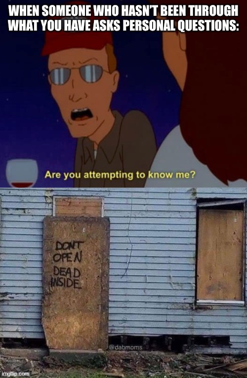 If you don’t experience, you won’t understand | WHEN SOMEONE WHO HASN’T BEEN THROUGH WHAT YOU HAVE ASKS PERSONAL QUESTIONS: | image tagged in king of the hill,trauma,ptsd,dying,transplant | made w/ Imgflip meme maker