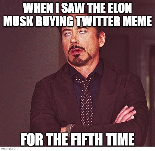 OH. MY. GOODNESS. | WHEN I SAW THE ELON MUSK BUYING TWITTER MEME; FOR THE FIFTH TIME | image tagged in rdj boring,twitter,elon musk | made w/ Imgflip meme maker