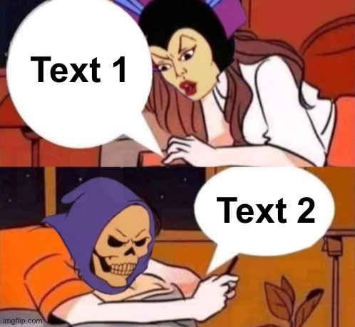 Evil Lyn and Skeletor texting | Text 1; Text 2 | image tagged in evil lyn and skeletor texting,skeletor,evil,lyn,masters of the universe,boy and girl texting | made w/ Imgflip meme maker