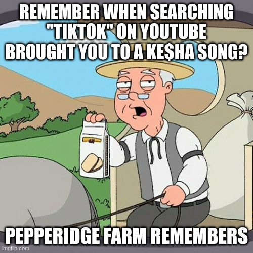 Pepperidge Farm Remembers | REMEMBER WHEN SEARCHING "TIKTOK" ON YOUTUBE BROUGHT YOU TO A KE$HA SONG? PEPPERIDGE FARM REMEMBERS | image tagged in memes,pepperidge farm remembers,tiktok | made w/ Imgflip meme maker