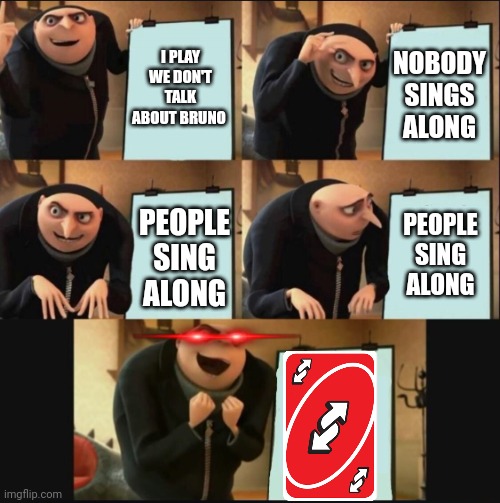 We don't talk about Bruno but gru | I PLAY WE DON'T TALK ABOUT BRUNO; NOBODY SINGS ALONG; PEOPLE SING ALONG; PEOPLE SING ALONG | image tagged in 5 panel gru meme | made w/ Imgflip meme maker