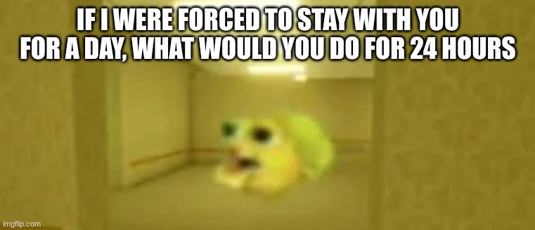 pufferfish in the backrooms | IF I WERE FORCED TO STAY WITH YOU FOR A DAY, WHAT WOULD YOU DO FOR 24 HOURS | image tagged in pufferfish in the backrooms | made w/ Imgflip meme maker