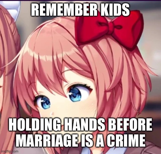 Sayori (cute moron) | REMEMBER KIDS; HOLDING HANDS BEFORE MARRIAGE IS A CRIME | image tagged in sayori cute moron | made w/ Imgflip meme maker